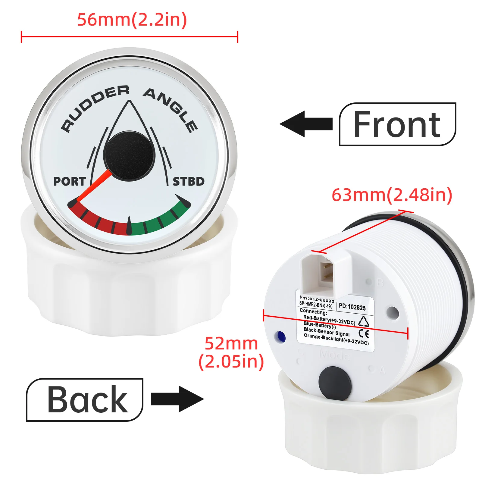 Picture 6: 0-190Ohms Rudder Angle Indicator with Sensor for Boat Yacht RV Marine 52MM Rudder Position Indicator 12V/24V 8 Colors Backlight