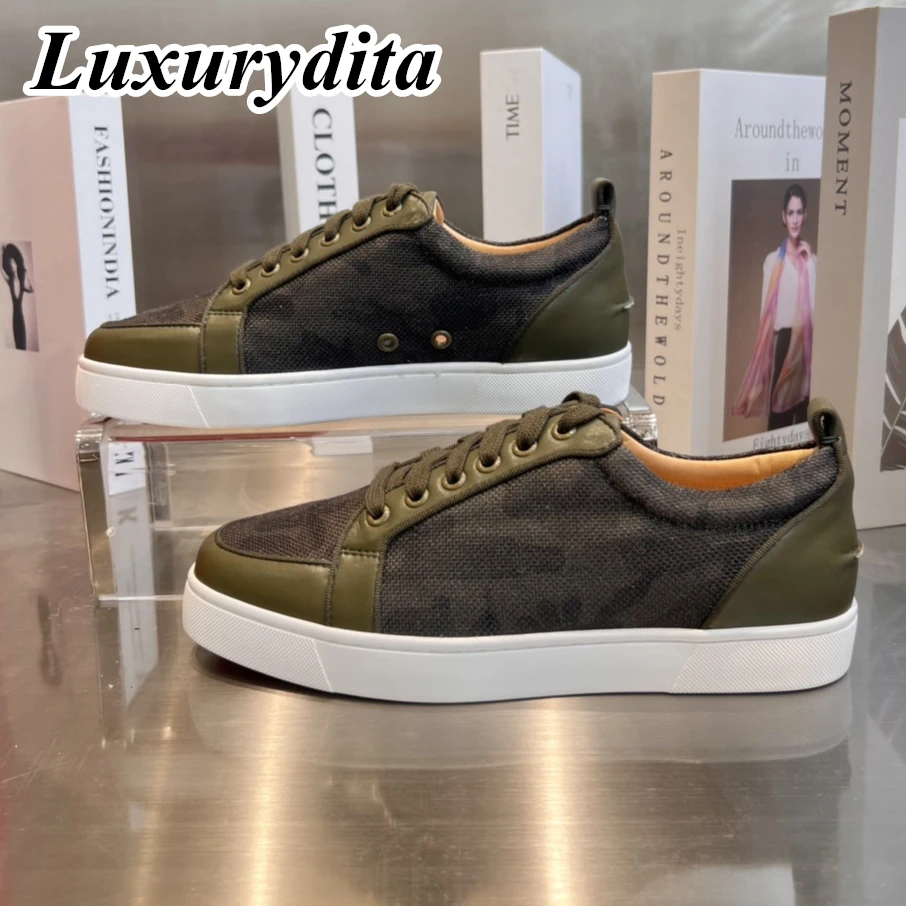 

Top Quality Womens Trendy Casual Sneakers Luxury Mens Real Leather Tennis Shoes Designr Red Sole Tide Lovers Rivet Shoes HJ0574