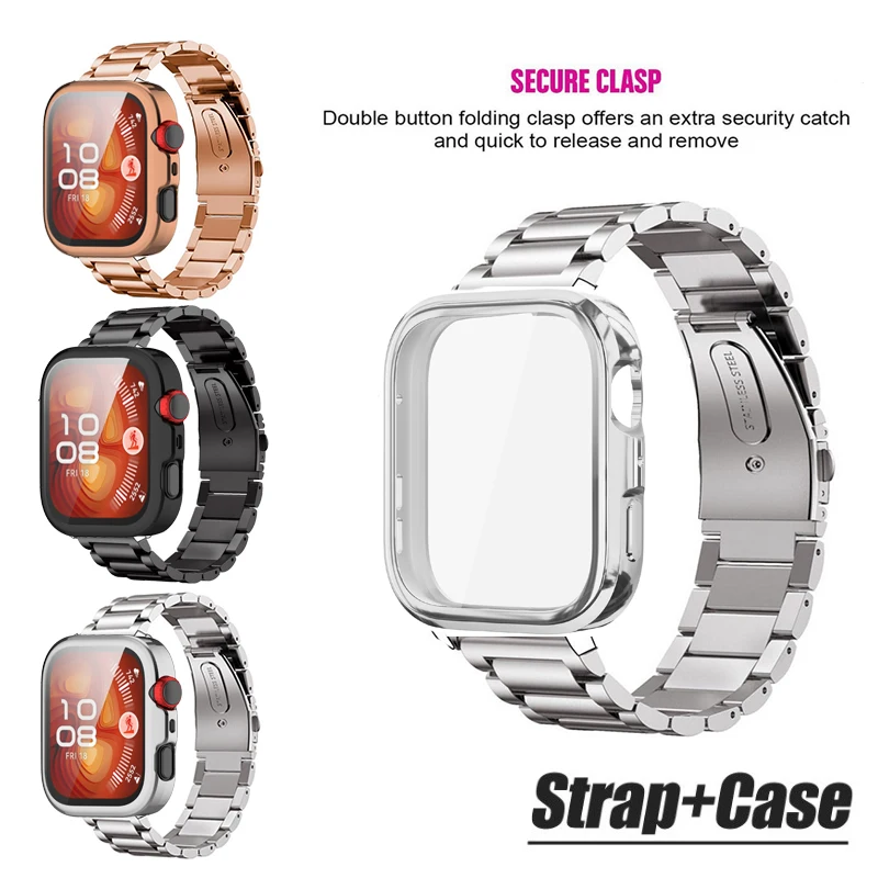 Cinturino in acciaio inossidabile 2in1 con custodia protettiva per schermo per Huawei Watch Fit /Fit2/Fit3 /Fit4/Fit4 Pro/Fit New/Fit SE/Fit 2 3 4