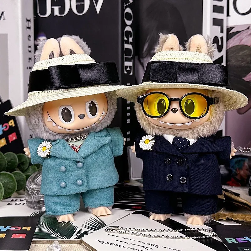 

For 15cm Labubu Doll Clothes Accessories Trend Fashion Suit Tie Straw Hat Outfit Plush Dolls Cool Black Sunglasses Dress Up GD