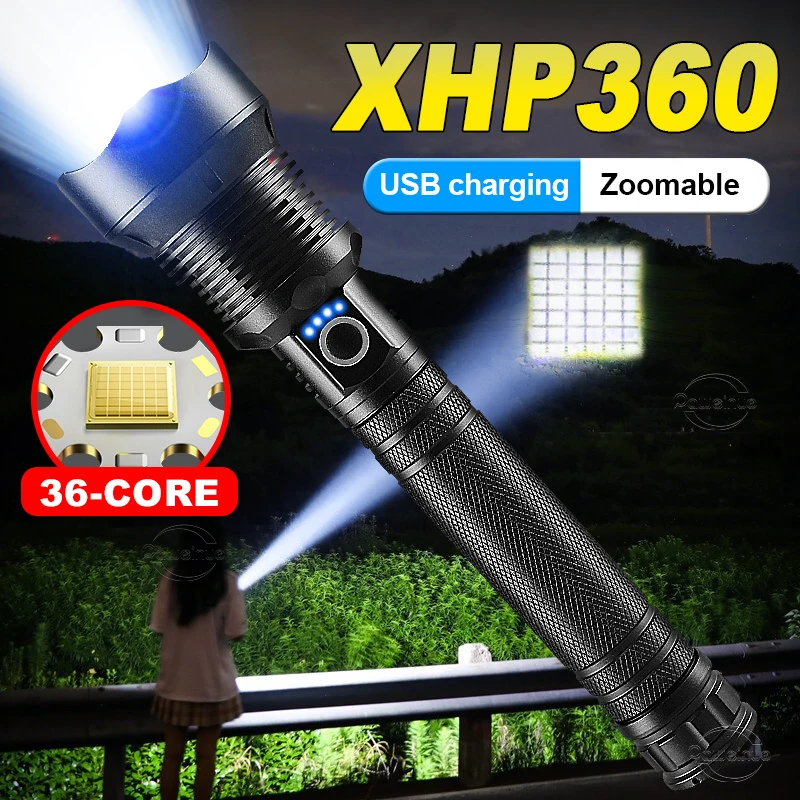 2024 Powerful XHP360 LED USB Recharge Flashlight 18650 26650 LED Flashlight Zoom Torch IPX65 Tactical Lantern Camping Hand Lamps