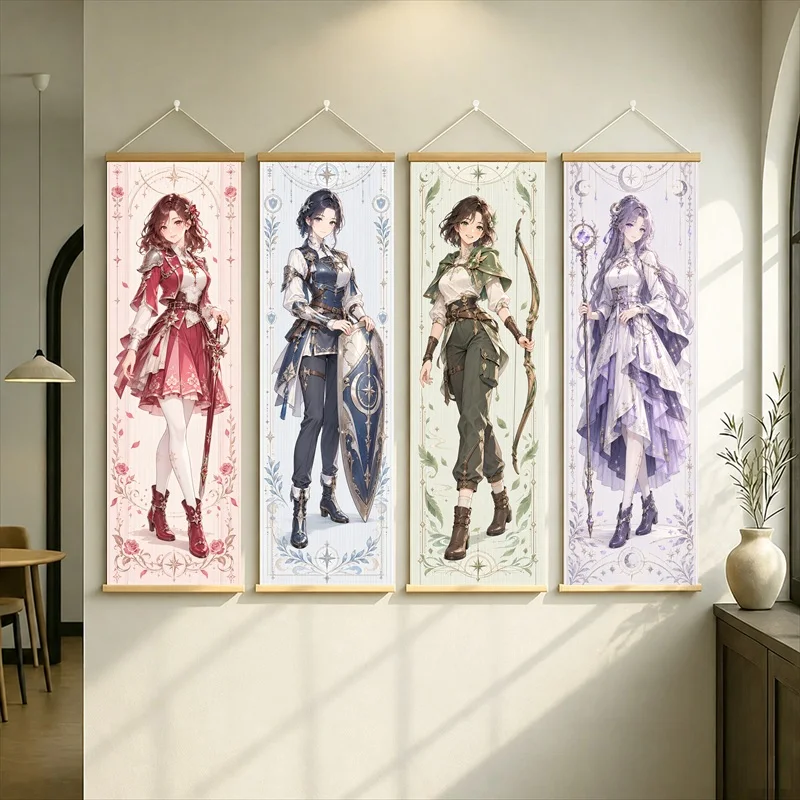 Anime Girls in Fantasy Outfits Hanging Scroll with Red, Navy, Green and Lavender Floral Panels for a Cozy Reading Nook