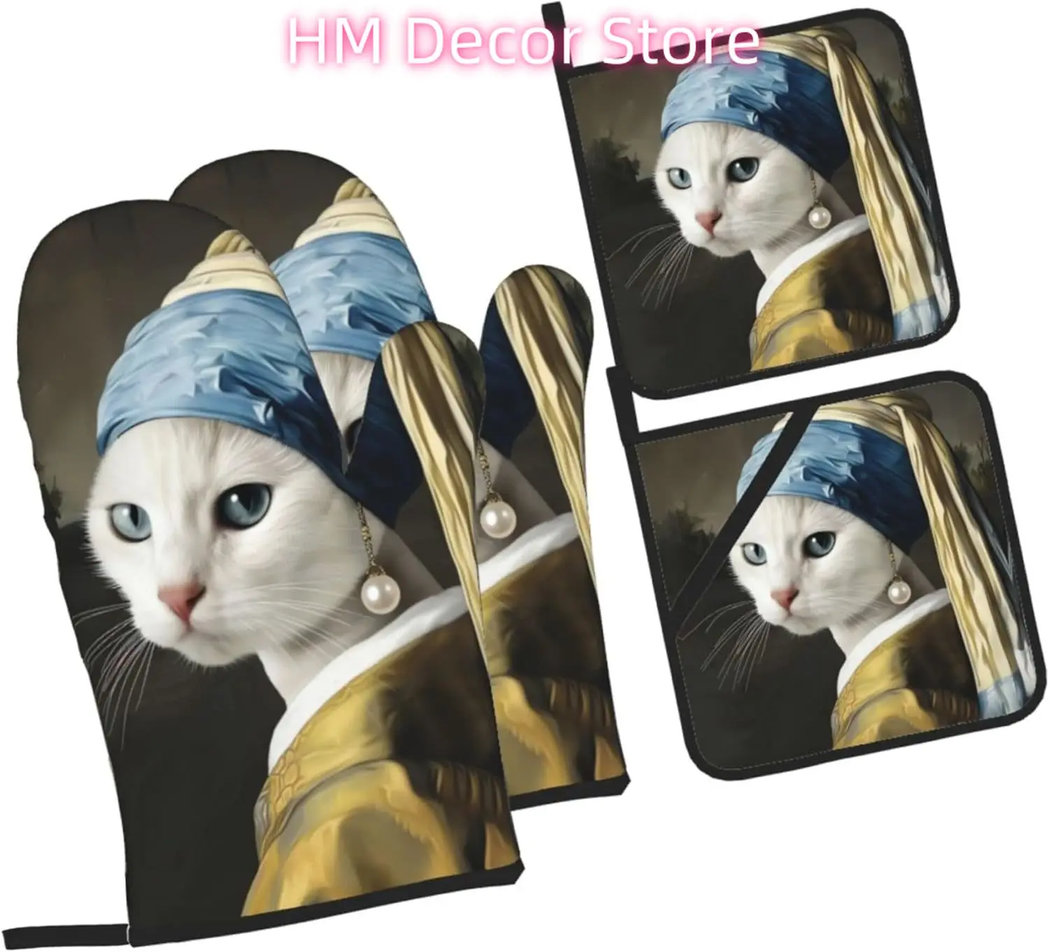 Cat Girl with A Pearl Earring Oven Mitts and Pot Holders Sets of 4, Cute Heat Resistant Oven Mitts - Non-Slip Cooking Gloves for