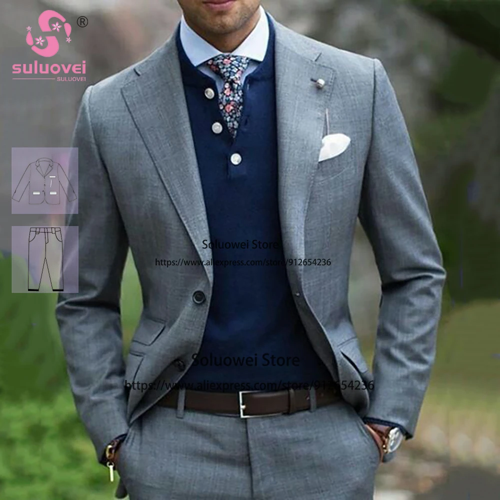 

Classic Elegant Grey Suits For Men Slim Fit 2 Piece Jacket Pants Set Formal Grooms Wedding Notch Lapel Tuxedos Vestidos De Novia