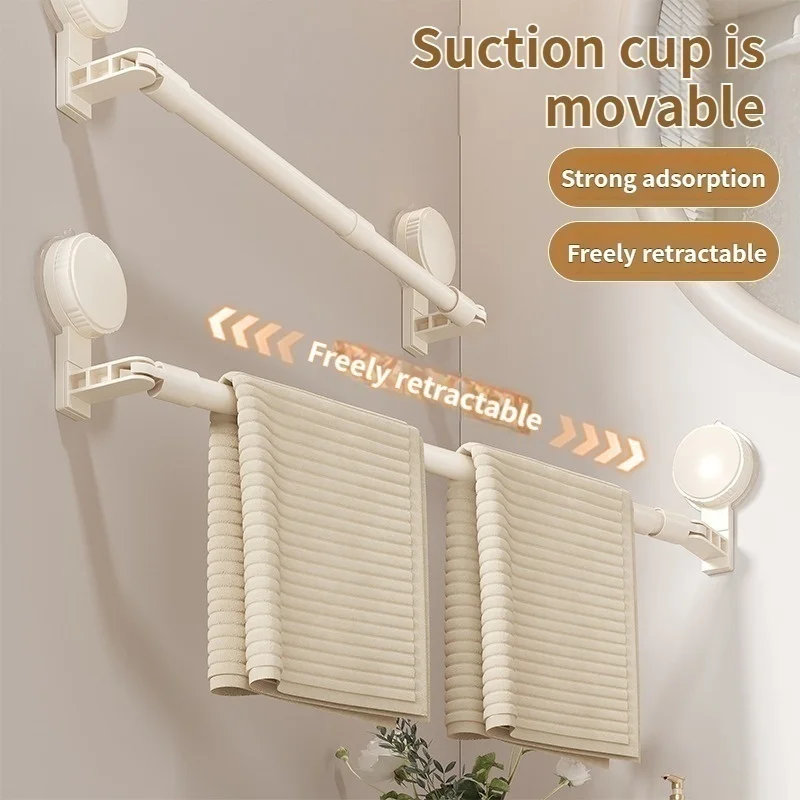 Extendable Rod Suction Cup Type Hook Rows for Bathroom Clothes Drying Rack No-Drill Telescopic Pole for Laundry Room Bathroom ﻿