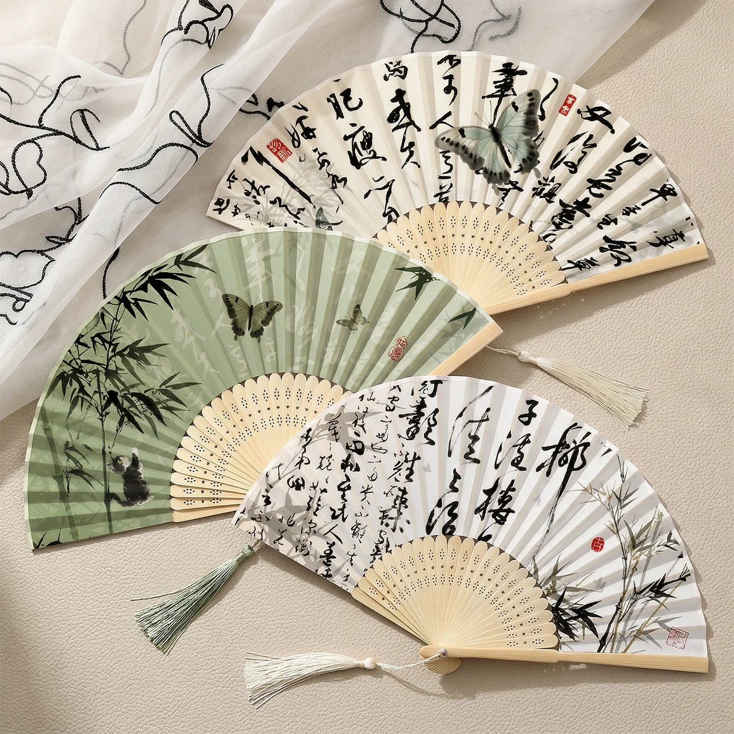 Folding fan, Chinese style, summer with tassels, ancient style, silk dance, small bamboo fan