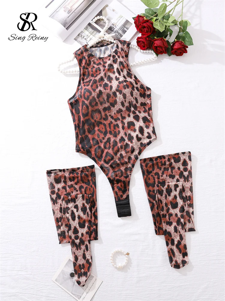 

SINGREINY Leopard Porno Lingerie Sheath Sexy Bodysuits Fashion Sleeveless Club Rompers Female Print Sensual Underwear Playsuits