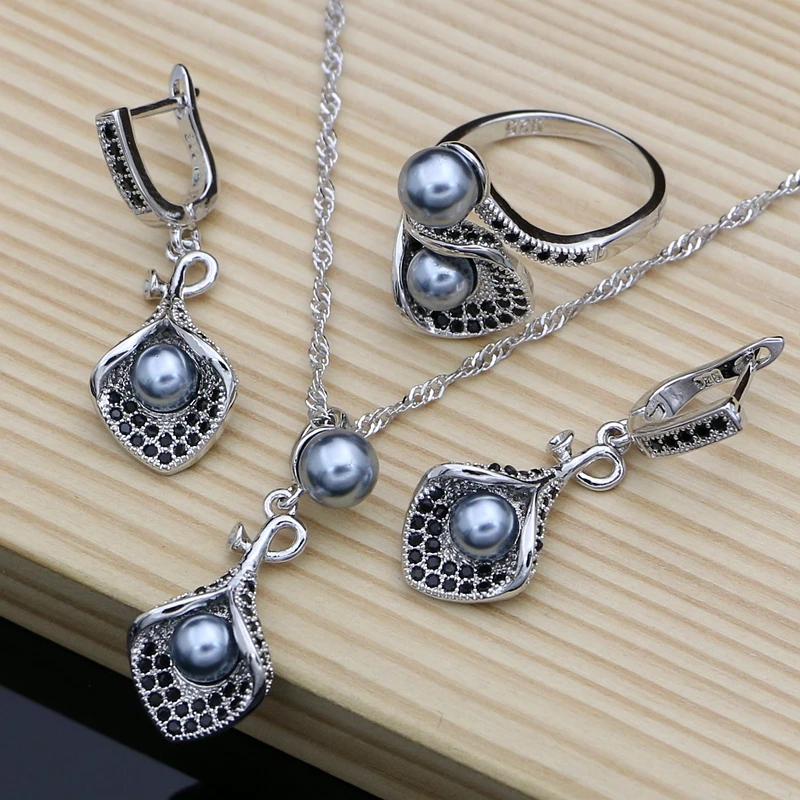 horn Flower Silver 925 Bridal Jewelry Sets Black Pearl Zircon For Women Wedding Pendant Drop Earrings Open Rings Necklace Set