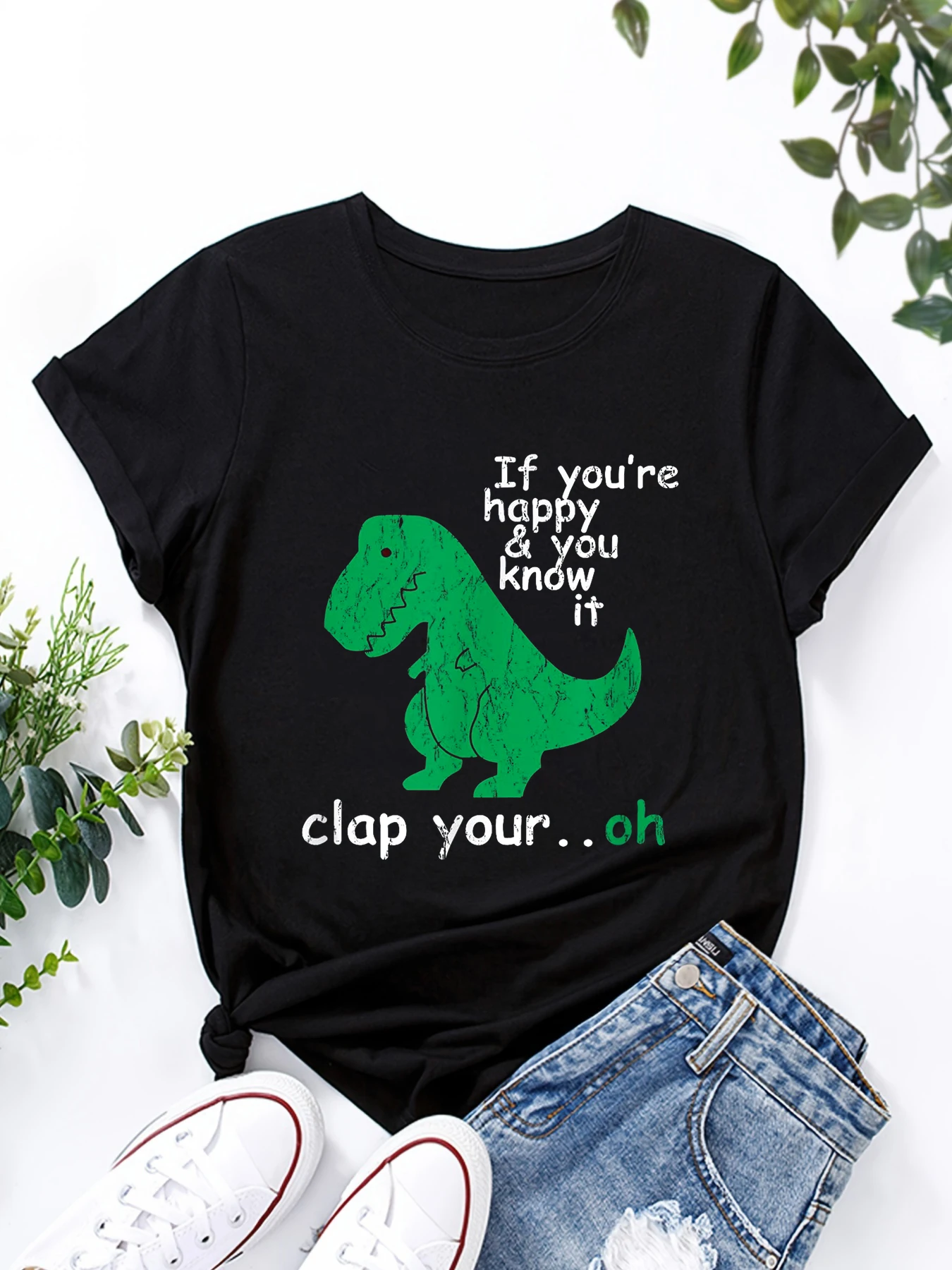 If You're Happy You Know It Clap Your Hand  Print Short Sleeve Pattern Women's Summer T-Shirt Women's Printed Summer T-Shirt