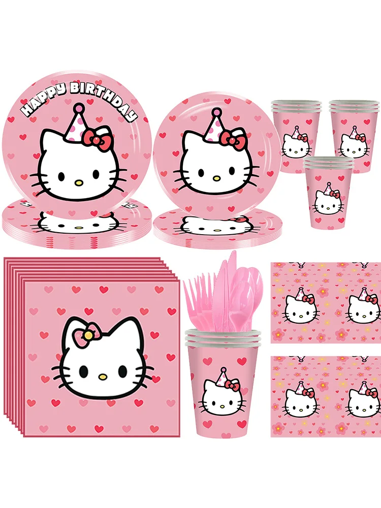 Décor d'anniversaire Hello Kitty rose, assiettes de fête jetables, nappe, serviettes en papier, fournitures de réception-cadeau pour bébé pour filles