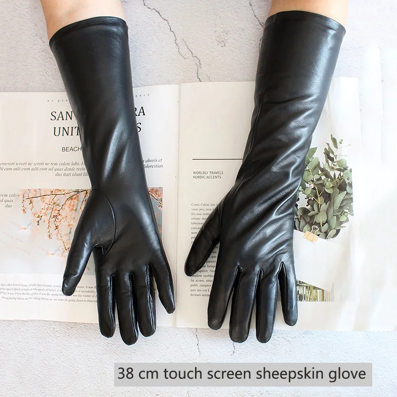 Touch Screen Extra Long Leather Sheepskin Gloves Women's Black Fashion Simple Straight Style Velvet Lining Winter Warm Sleeve