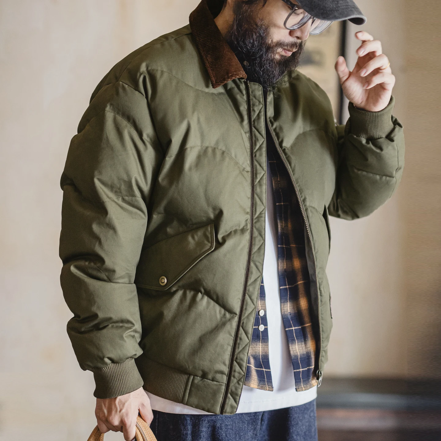 Maden Men's Winter Padded Jacket Short Thick Cotton Coat CWU45P Flight Style Turn-Down Collar Zip Jacket