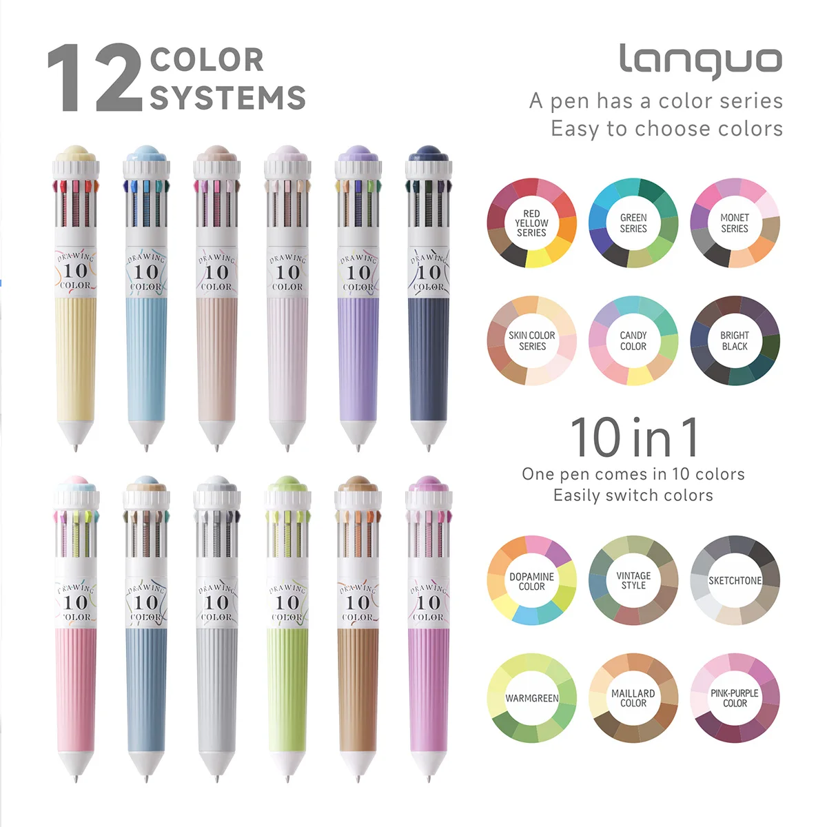 LANGUO Multicolor Pens 28/30 Colors 10-in-1 Colored Ballpoint Pen 0.8mm Fine Point Smooth Writing Retractable Ballpoint Pens