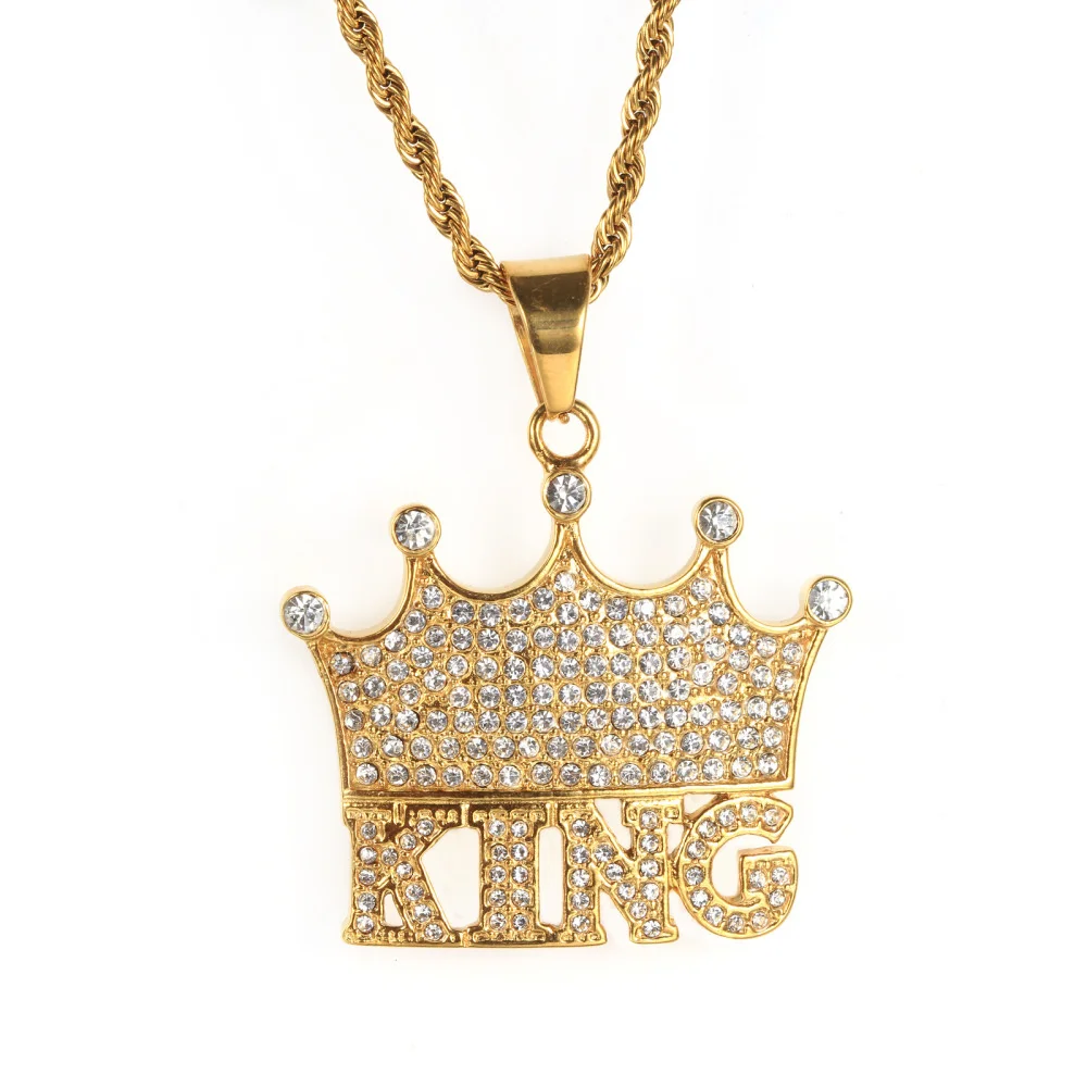 Iced Out Bling Crown Letter KING Pendant Necklace For Men Gold Color Stainless Steel CZ Hip Hop Men's Jewelry Dropshipping