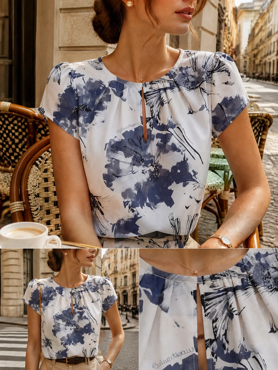 Women Gathered Neck Short Sleeve Tee, Front Keyhole Puff Sleeve Loose Silhouette Summer Daily T Shirt