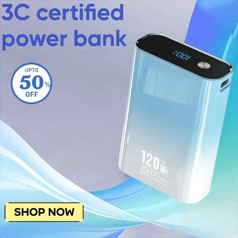 

120W Super Fast Charging Power Bank 20000mAh Mini Compact Power Source Large Capacity