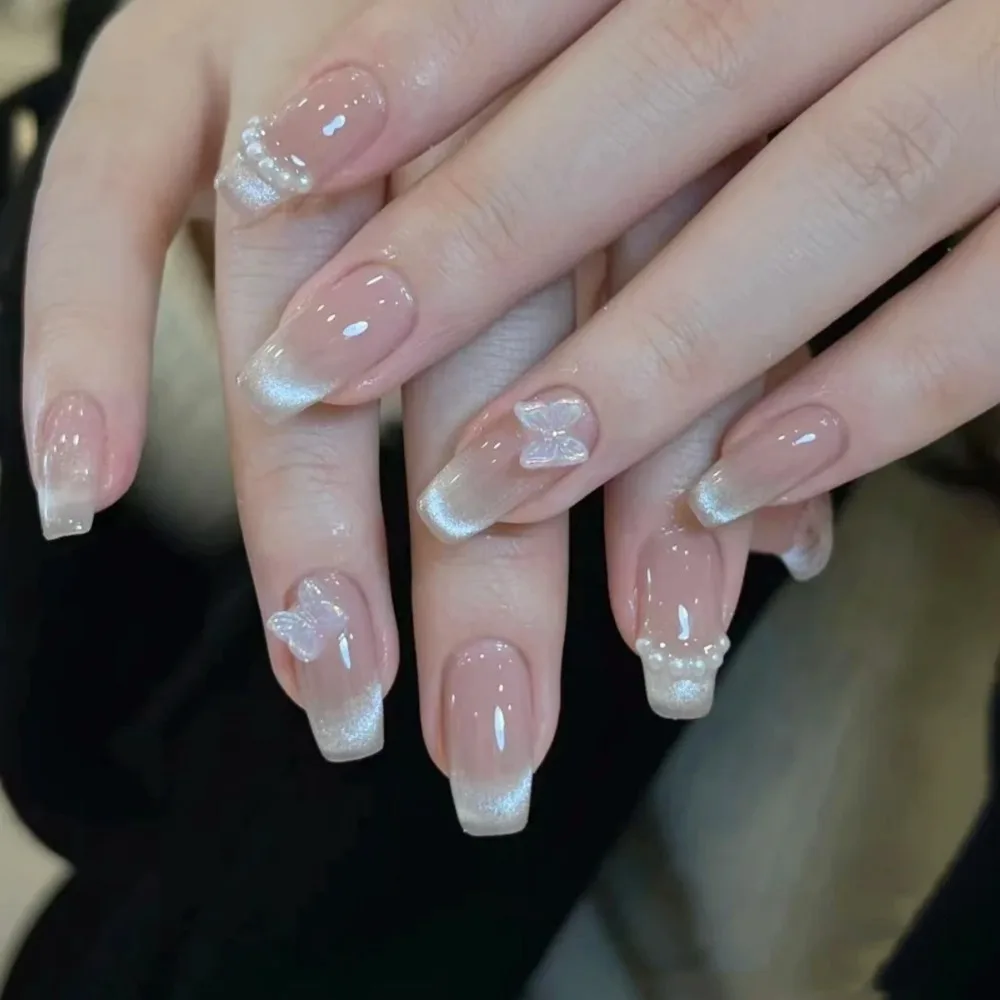 Fashion Cat's Eye French Fake Nails Faux Fingernails Wearable Manicure Press on Nails Medium Length Full Cover Nail Tips Girl