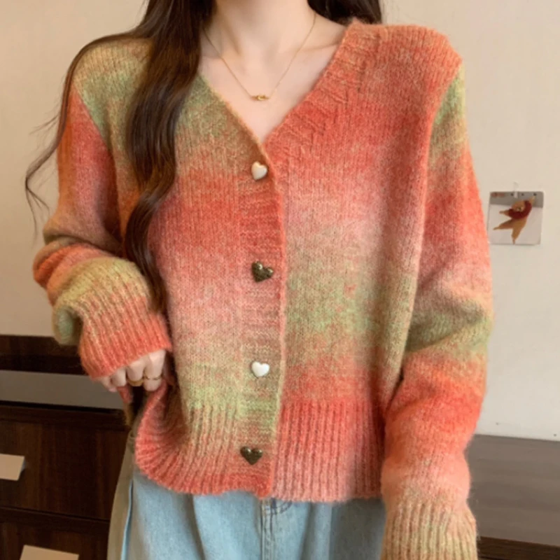 Gradient V Neck Knitshirts Women Autumn New Heart Button Full Sleeve Cardigans Sweater Comfort Female Knitted Coats