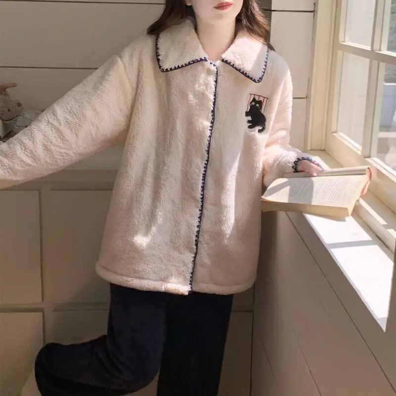 

coral fleece Women's pajamas autumn winter new model Sleepwear thicken Korean version girl suit Pajama loose keep warm homewear