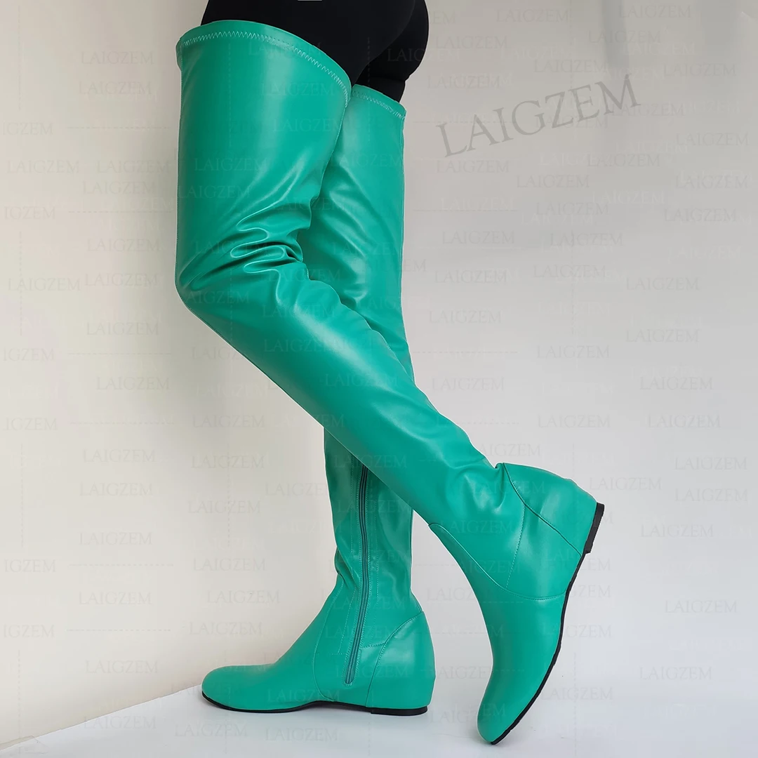 LAIGZEM Women Thigh High Boots Faux Leather Round Toe Side Zip Mid Hidden Heels Boots Ladies Shoes Woman Big Size 37 42 44 50 52