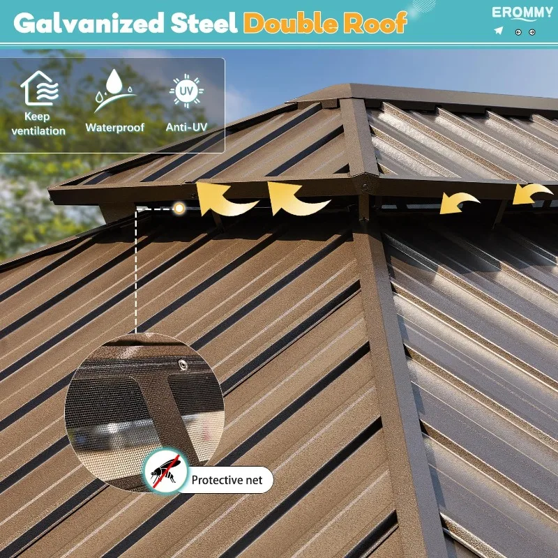 شرفة صلبة مقاس 10 × 12 قدم، إطار من الألومنيوم مع سقف مزدوج من الفولاذ، جناح خارجي مع ستارة وشبكة #4