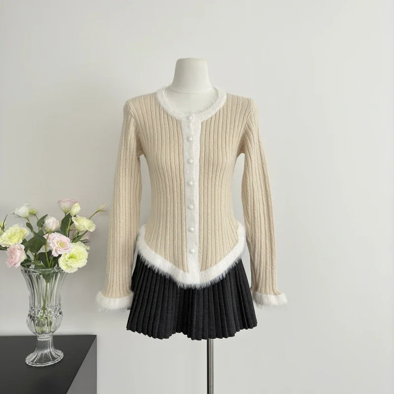 女性用長袖ラウンドネックニットカーディガン,キュートでトレンディな女の子用パッチワークセーター,スリムな婦人服,秋冬ファッション