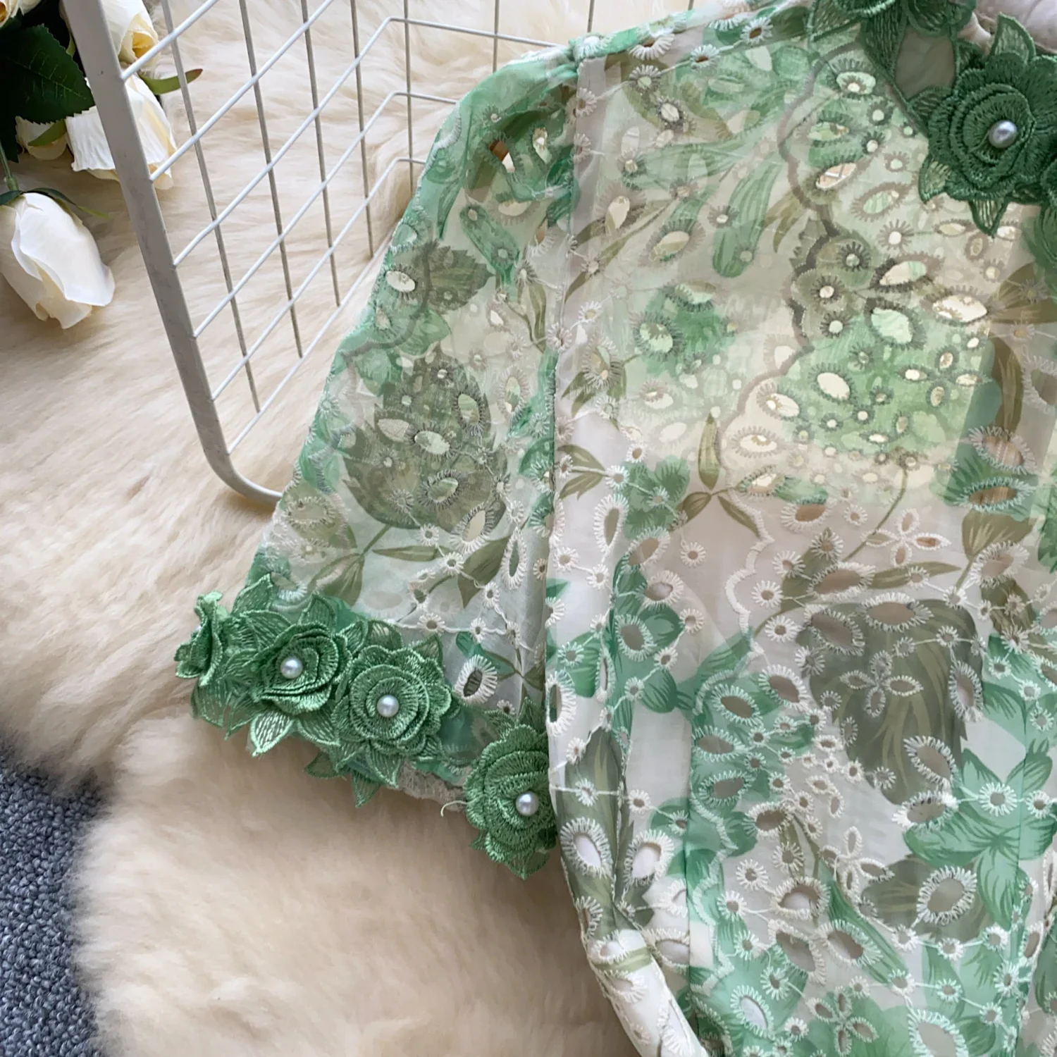 女性のための3次元フラワードレス,ラウンドカラー,カットアウト,半袖,空中ブランコ,刺embroidery,休暇,エレガント,夏