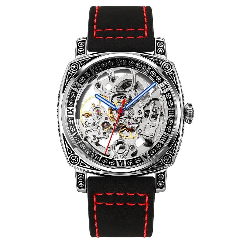 Men's Square Carved Watch Waterproof Belt Double Hollowing Automatic Mechanical Watch for Man Fashion High-end Male Wristwatch