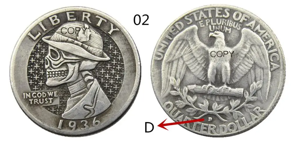 W(02)Hobo Creative 1936D Washington Quarter Dollars skull zombie skeleton hand carved Copy Coins