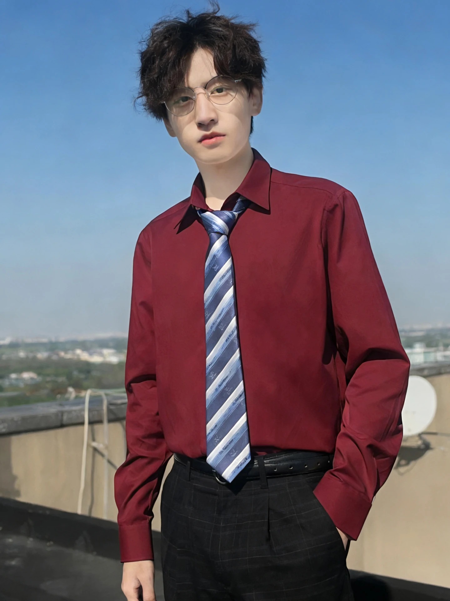 

High-End Cosplay Long Sleeve Shirt Elastic Pure Color Wine Red Neutral Style Button up Casual Shirt for Youth All Seasons Wear
