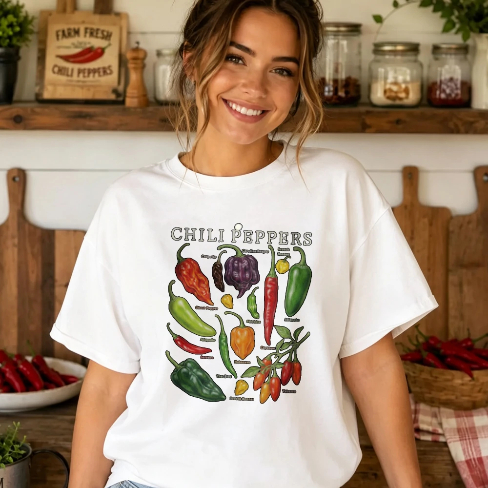 Chili Pepper Species Reference Chart Graphic Print Women Tshirt Multiple Types of Chilli Diagram Cotton Gardening Food Lover Top