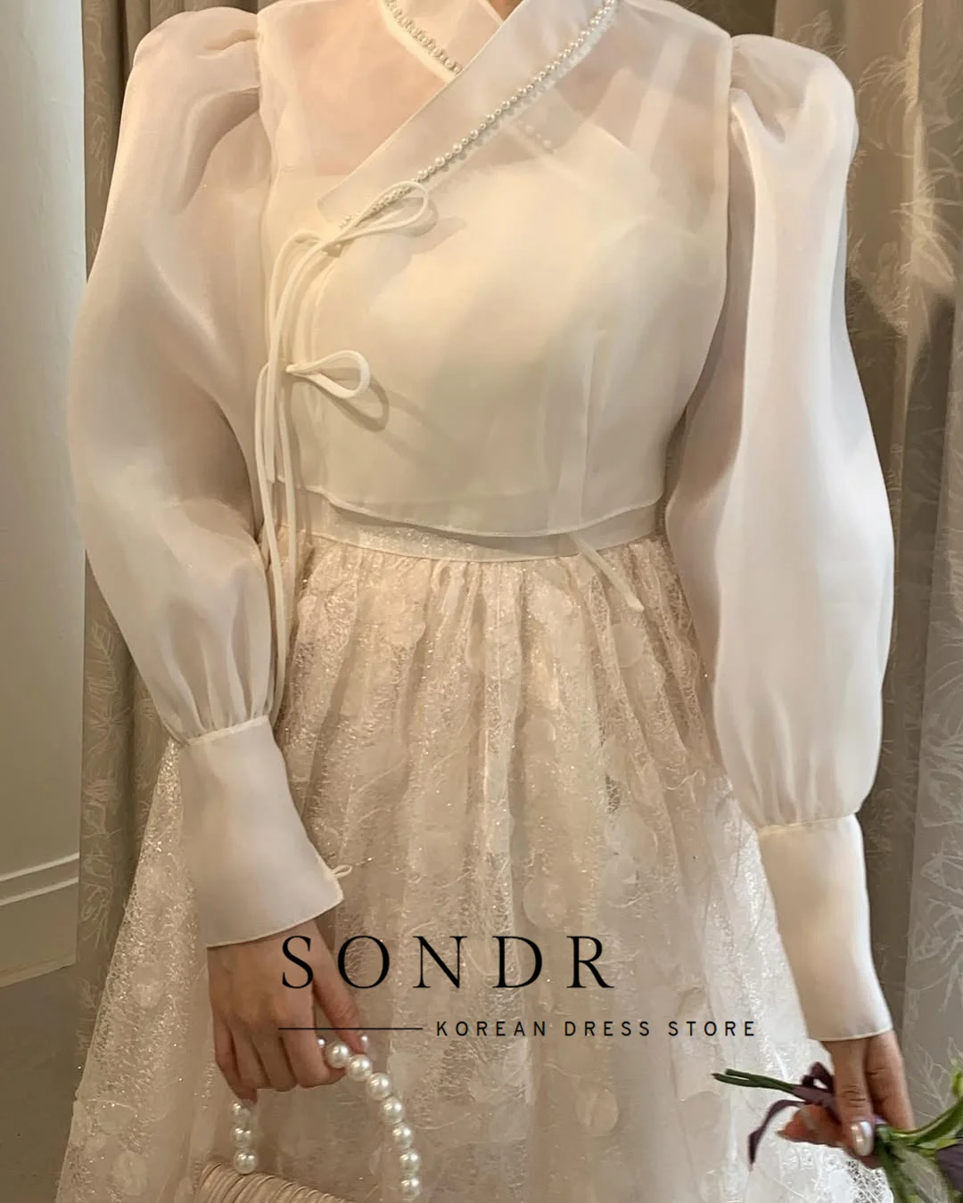 Sondr فساتين حفلات الزفاف الكورية الفاخرة الهانبوك مخصصة على شكل حرف v وأكمام طويلة من الحرير الأورجانزا والدانتيل فستان زفاف ملابس رسمية #2