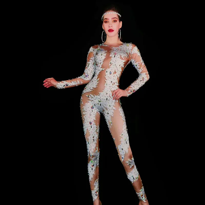 

Spandex Elastic Long Sleeve Tight Fitting Jumpsuit White Sparkly Rhinestone Stage Performance Costume Party Club Wear Baiyezi