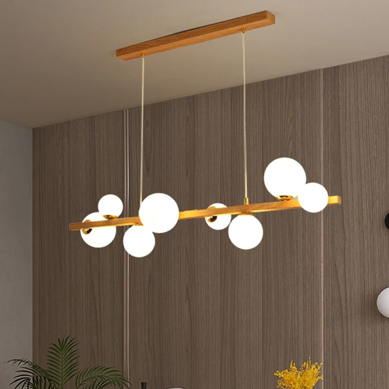 Lampadario a soffitto con sfera di vetro lattiginoso per tavolo da pranzo isola da cucina minimalista moderno imitazione apparecchio di sospensione a grana di legno