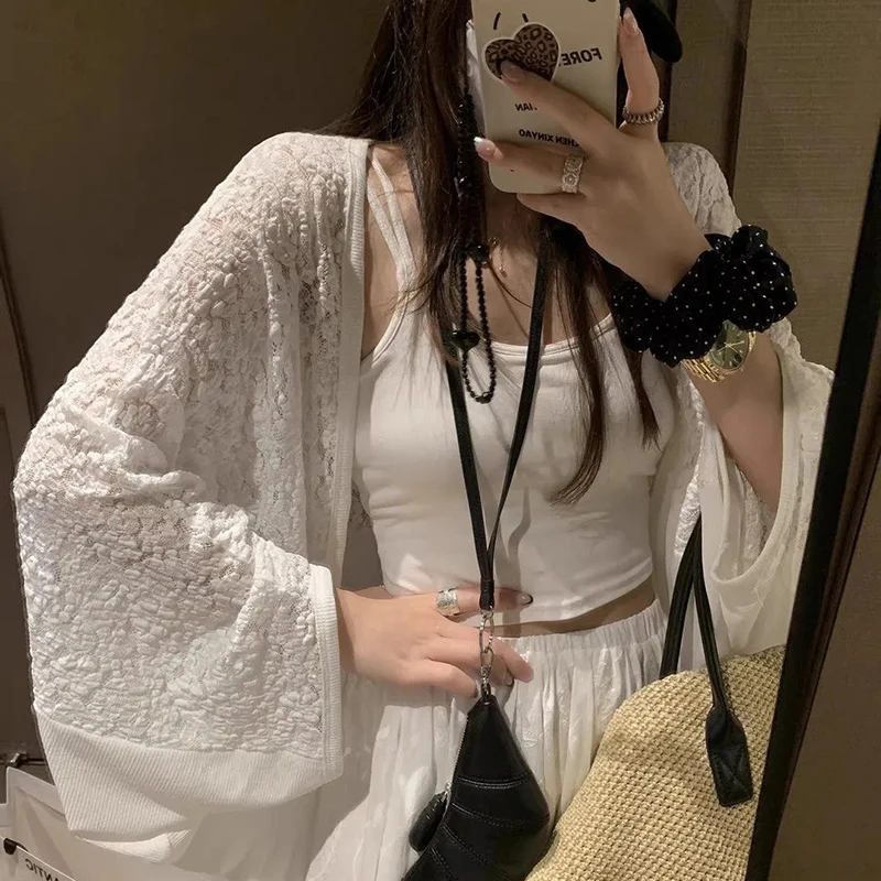 

White Lace Patchwork Top Women Long Sleeve Knitted Cover Up Cardigan Loose Lazy Batwing Sleeve Casual Coat Harajuku Y2K