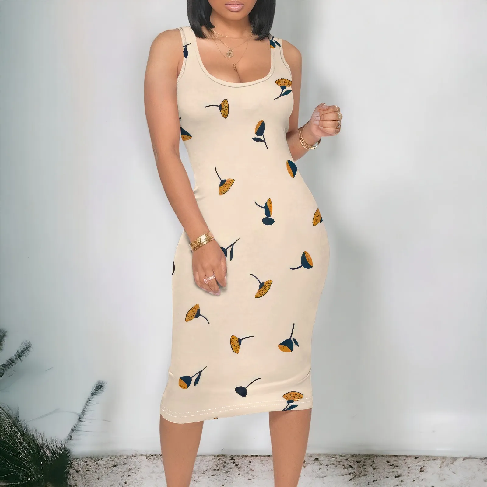 ผู้หญิงฤดูร้อนเซ็กซี่Bodycon Midi Dress 2025 Tank Topแขนกุดสแควร์คอSlim Fitกลับค็อกเทลปาร์ตี้ชุด