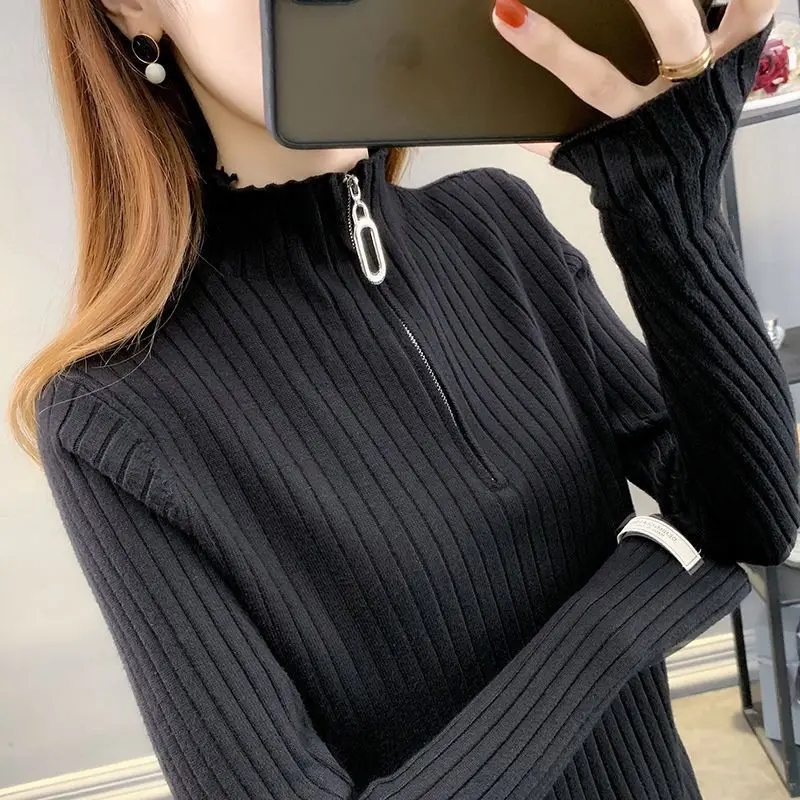 Women's Autumn and Winter New Slim Fit Sweater with Zipper Inside Half High Neck Knitted Sweater Short Top