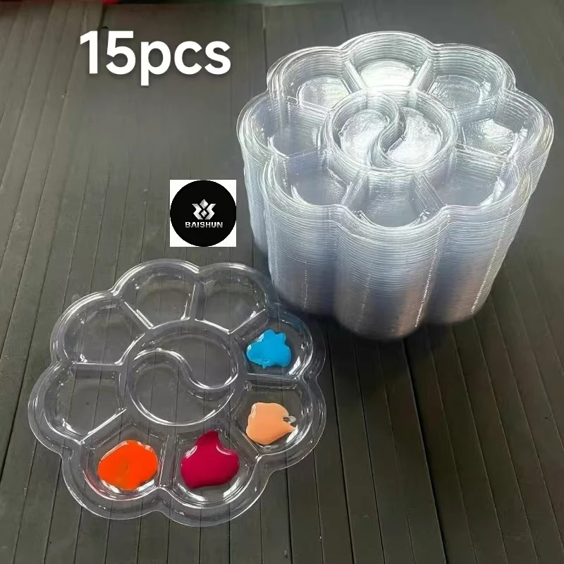 15Pcs Flower Shaped Plastic Paint Palettes, Disposable Art Mixing Trays with Central Well & Petal Compartments, Watercolor Oil A