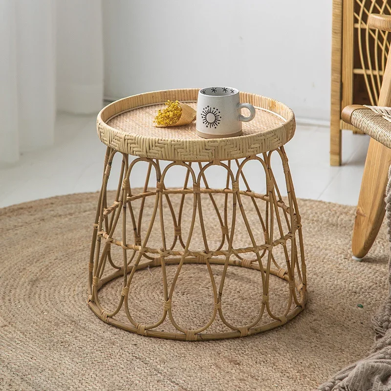 Nordic Rattan Side Table Small Round Tatami Coffee Table Log Color Bamboo Table for Balcony or Living Room Decor