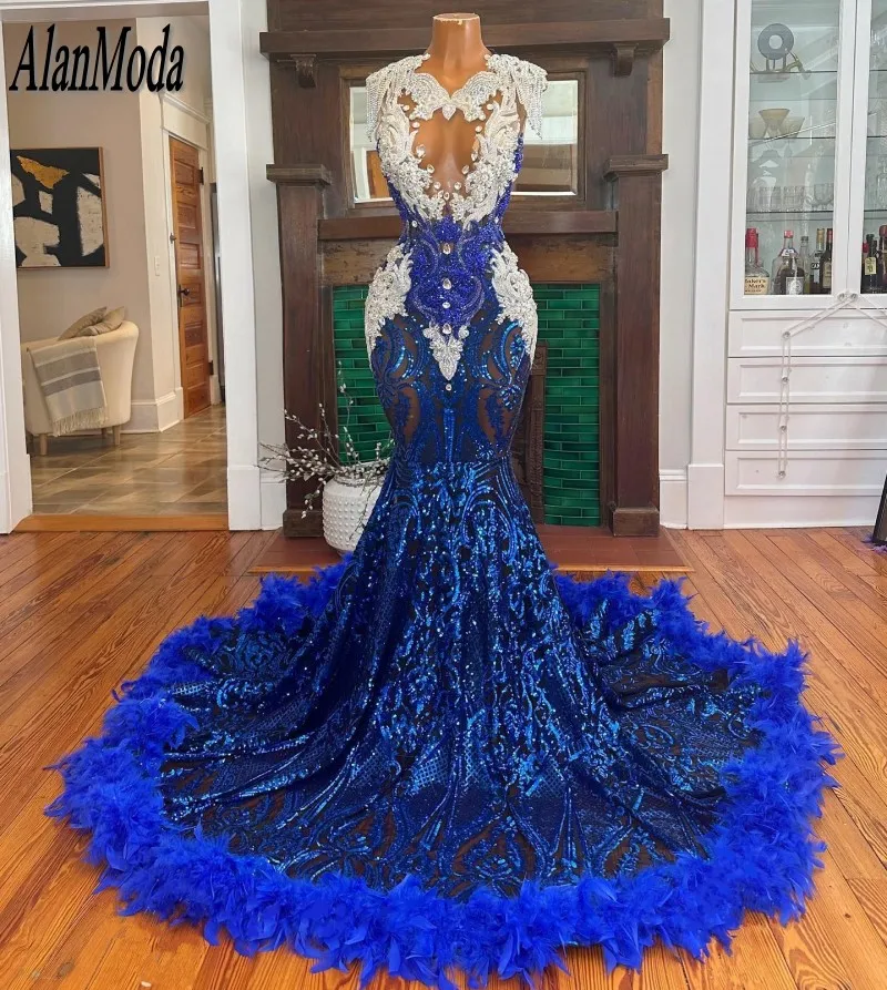 Blue Feathers Prom Dresses 2024 Beading Sequin Tassel Mermaid Evening Gowns Black Girls Party Dress Robes De Soirée