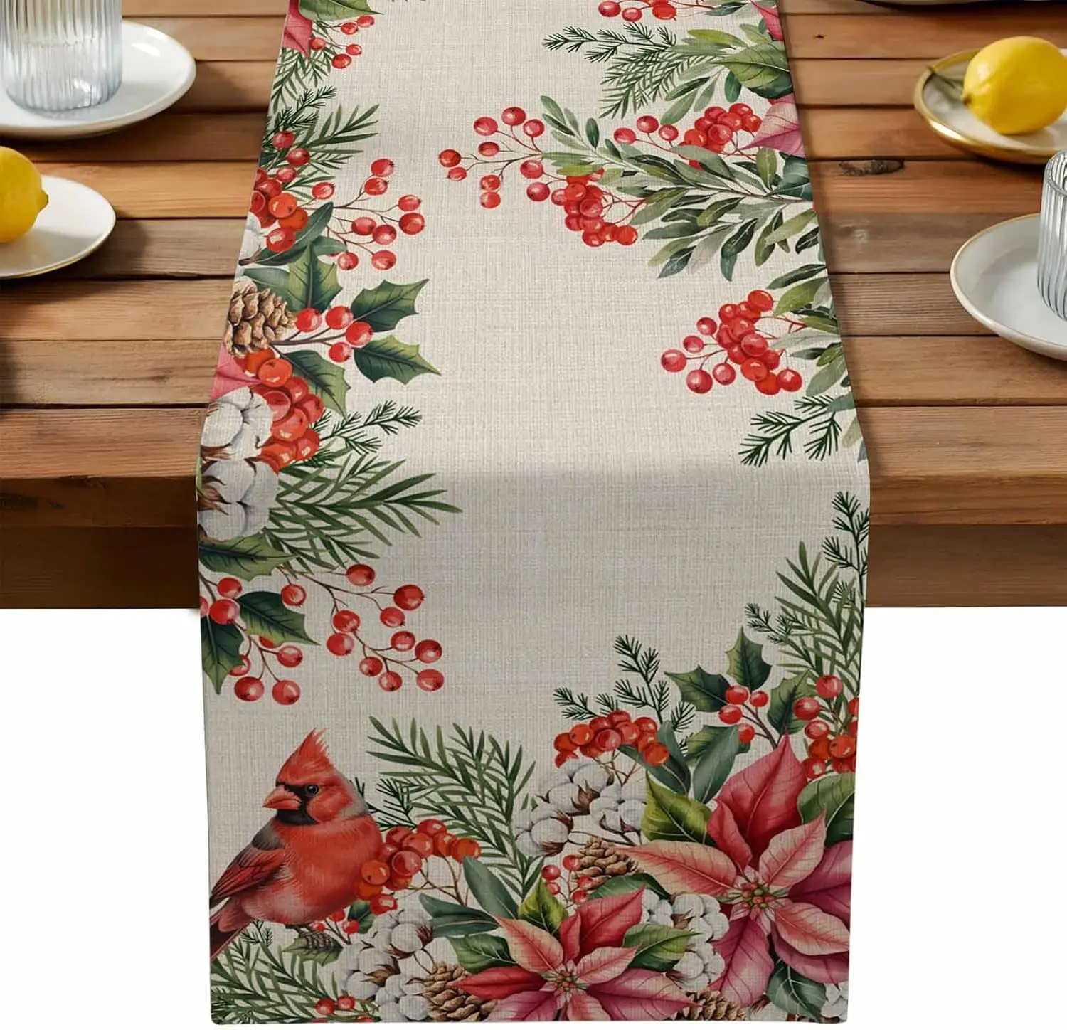 Christmas Poinsettia Bird Berry Linen Table Runner Party Decor Farmhouse Kitchen Dining Table Runner Christmas Decorations