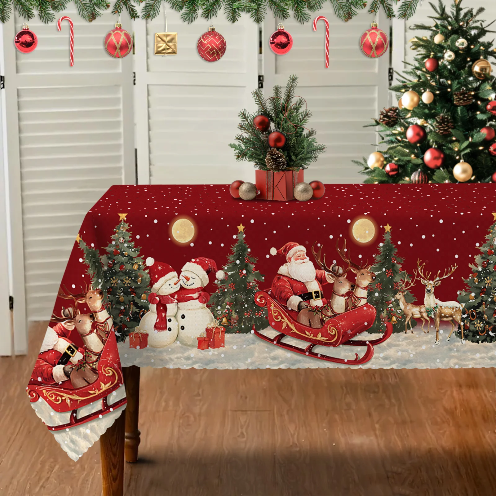 One item: A modern-style Christmas tablecloth featuring a red Santa Claus, a snowman, and reindeer.zyc