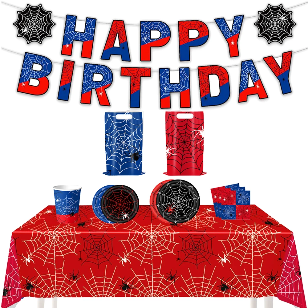 Spider Themed Party Tableware Plates Cups Tablecloths Spiders Aluminum Foil Balloons Spider Webs Flag Pulling Boys Birthday Part view 6