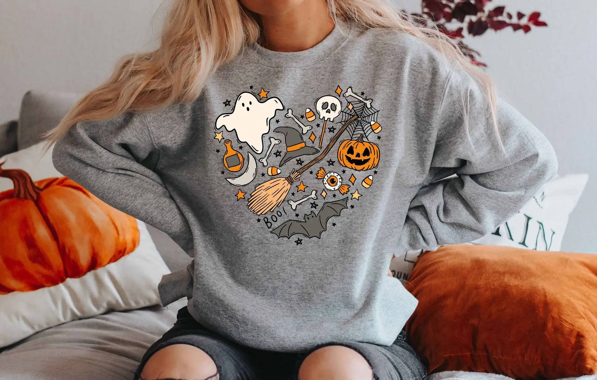 Fall Sweatshirt Women Heart Pumpkin Skeleton Ghost Print Halloween Gifts Sweatshirts Funny Halloween Pumpkin Women Sweatshirts