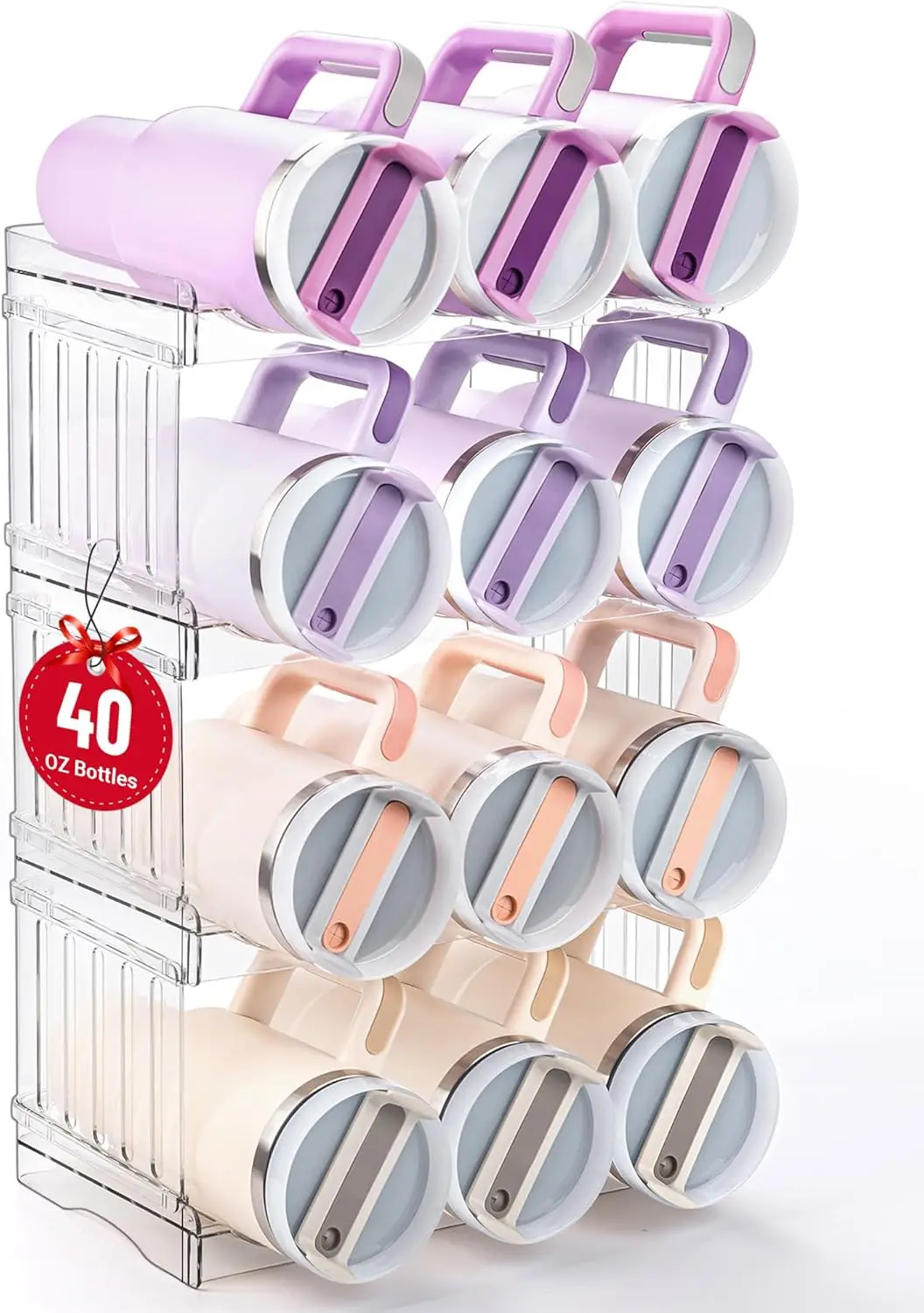 

Large Tumbler Organizer for 40 oz Cups, Stackable Pantry Storage Holder for Water Bottles, 4-Pack