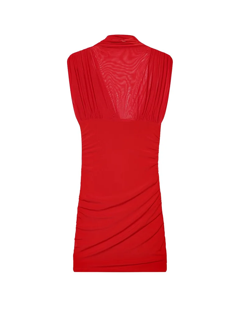 TFMLN Women Sexy Mesh Splice Mini Dress Pure Color Round Neck Sleeveless Dress New Summer Style Ladies Folds Elegant Short Dress