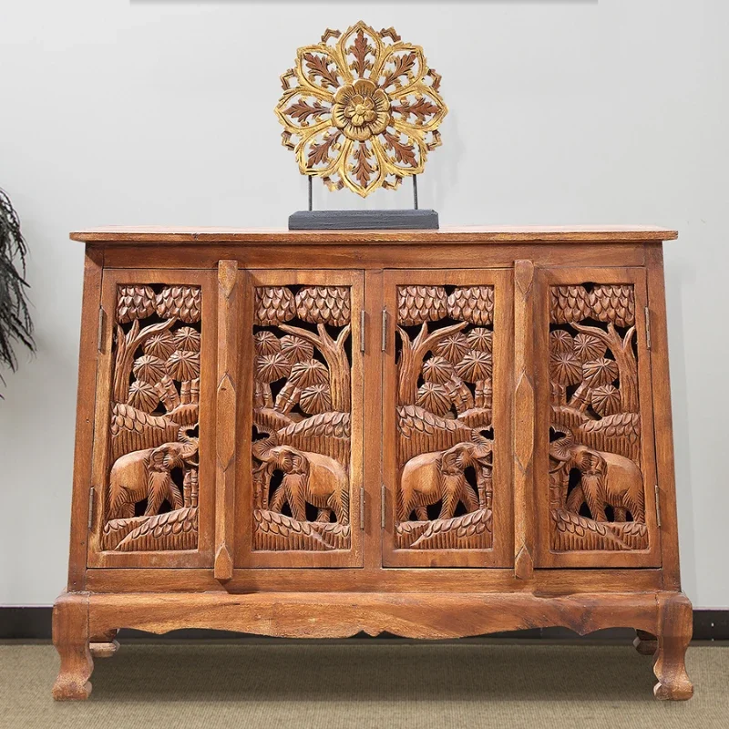 

Solid Wood Carved Elephant Entrance Cabinet Living Room Furniture