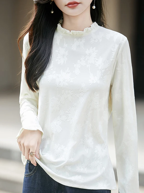 Elegant Chinese Style Women's Long Sleeve White T-Shirt Half High Collar Slimming Top Floral Lace Inner Wear Base Layer Shirt