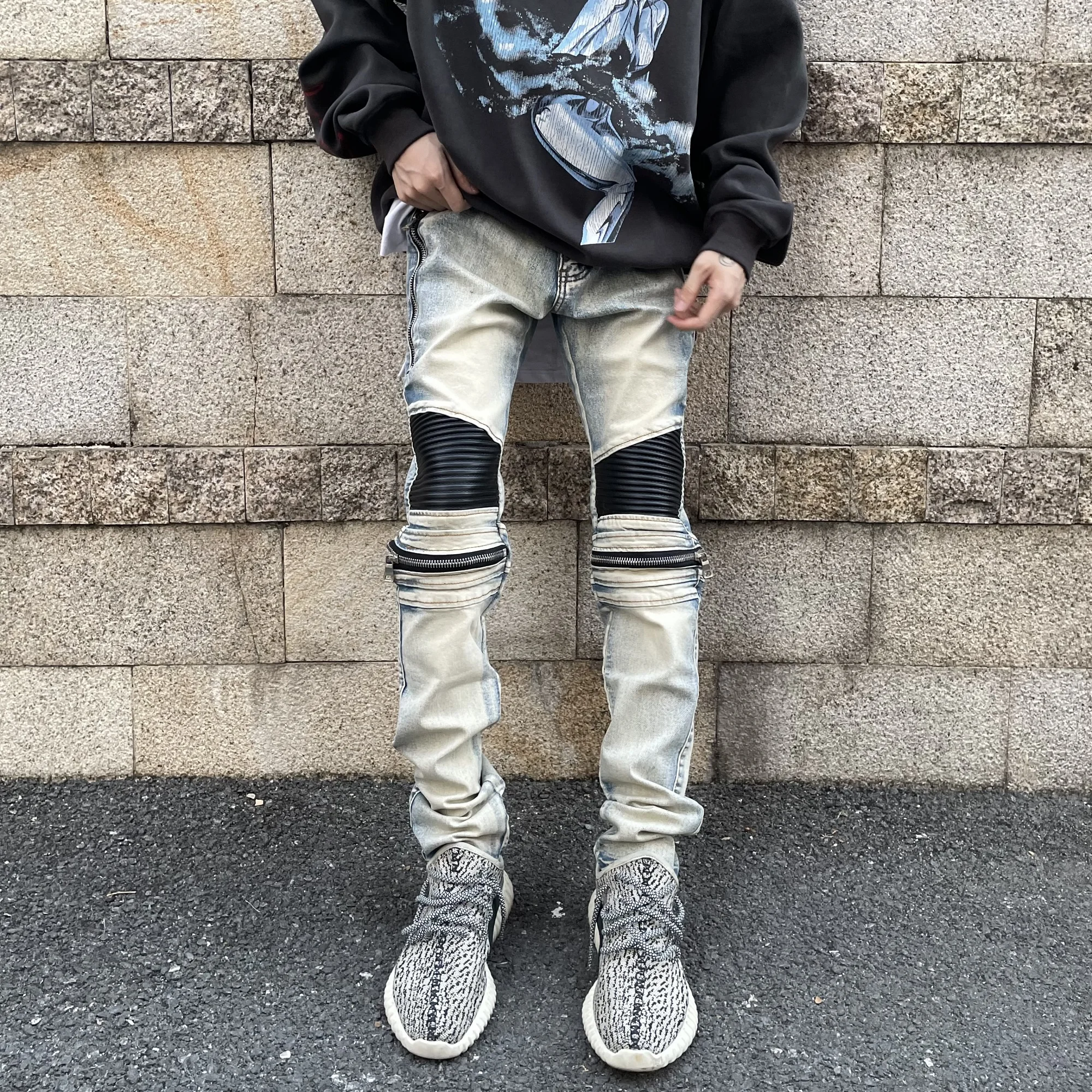 European and American High Street Heavy Industry Stitching PU Leather Three-Dimensional Machine Car Pants Slim Fit Skinny Jeans