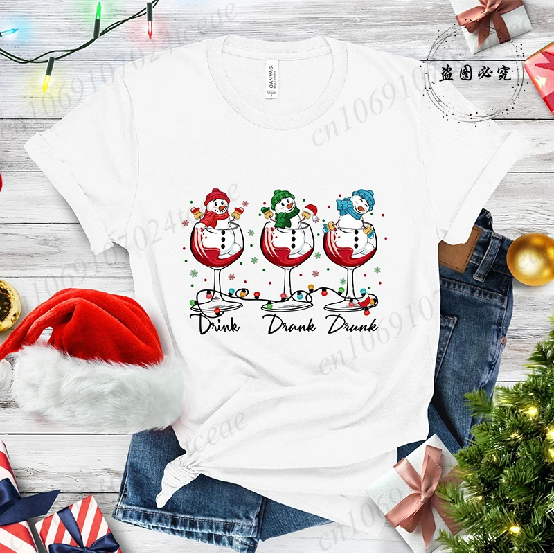 

Рождественская рубашка Drink Drank Drunk, рождественские футболки с круглым вырезом, снеговик, питьевое вино, женская одежда, рождественские футболки для питья и вечеринки